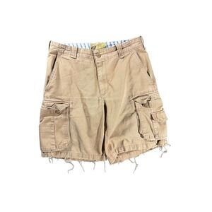 Sideout Mens Baggy Wideout Distressed Surf Cargo Shorts Tan Khaki Raw Hem 32